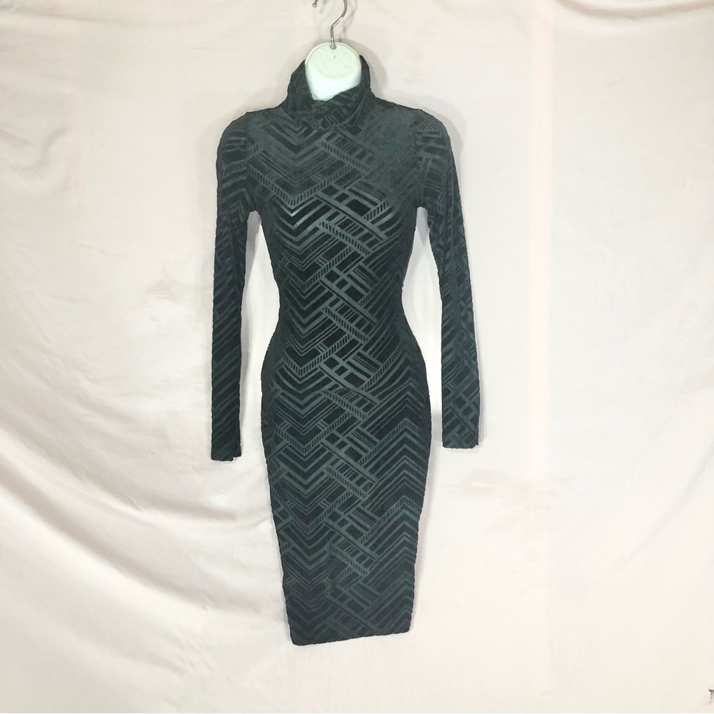 Long Sleeve Mock Neck Bodycon Dress Semi-Sheer Black Size Small XS Made in USA